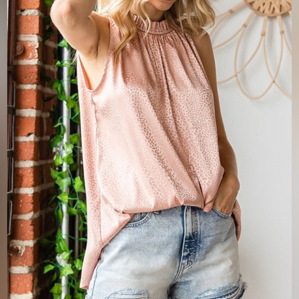 New First Love Satin-Feel Halter HighNeck Sleeveless Rose Leopard Top Pink